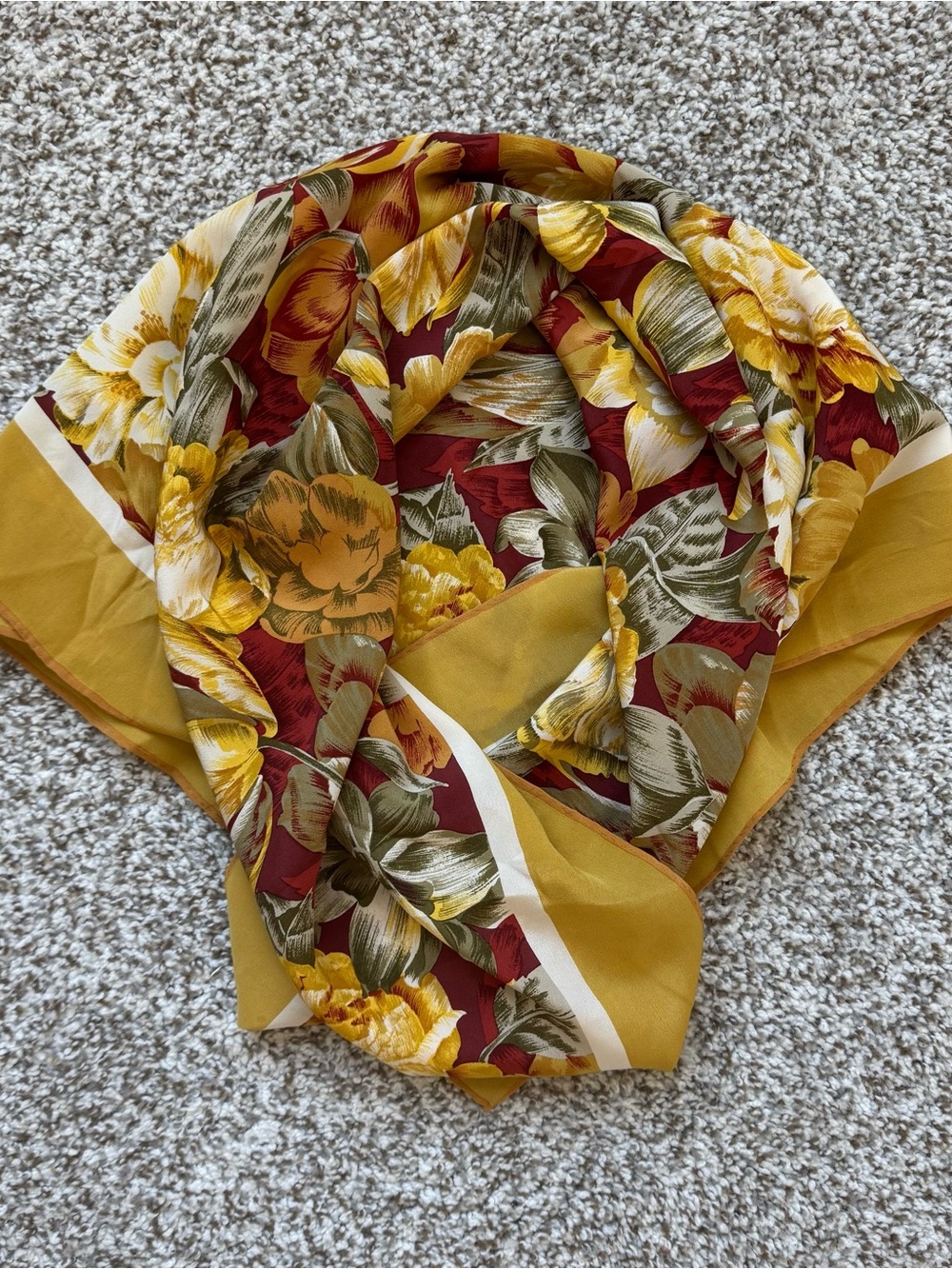 Christian Fischbacher Vintage Silk Scarf Floral Gold Burgundy Hand Rolled 33x35